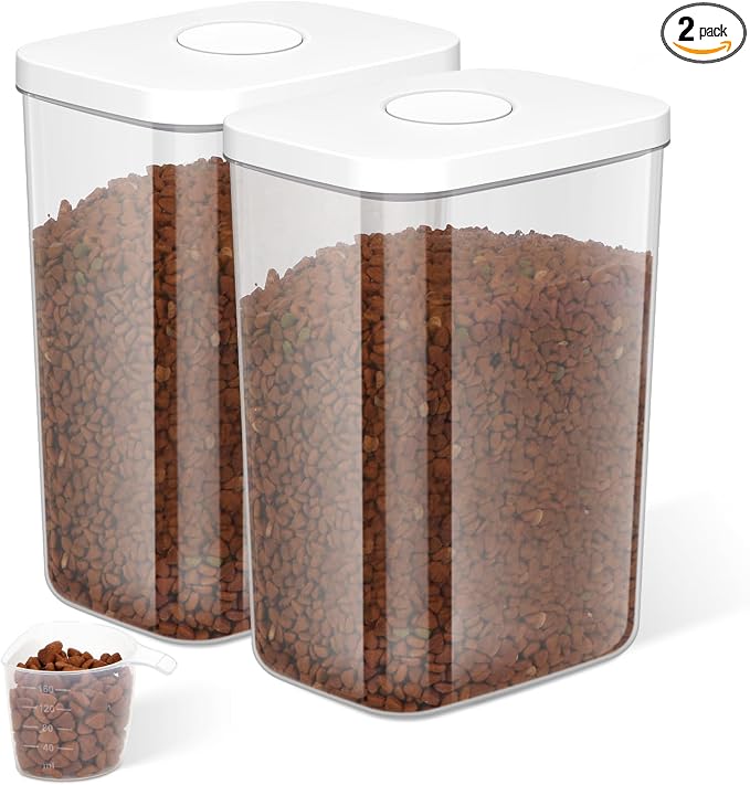 LEAWALK 5-8 Lbs/6Qt Airtight Dog Cat Food Storage Container and Pet Storage Bin BPA-Free, PET Clear Stackable Dog Treat Containers Measuring Scoop Suitable for Dogs Food, Cats Food and Other Dry-2Pack