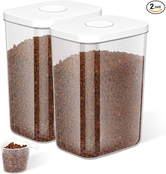 LEAWALK 5-8 Lbs/6Qt Airtight Dog Cat Food Storage Container and Pet Storage Bin BPA-Free, PET Clear Stackable Dog Treat Containers Measuring Scoop Suitable for Dogs Food, Cats Food and Other Dry-2Pack