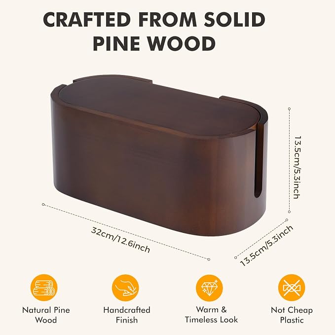 Wooden Cable Management Box with Lid, Decorative Cord Organizer for Power Strip & Charger Cables, Ventilation Holes & Side Slots, Solid Pine Wire Hider for Desk, Home Office, Dorm & Minimalist Setup