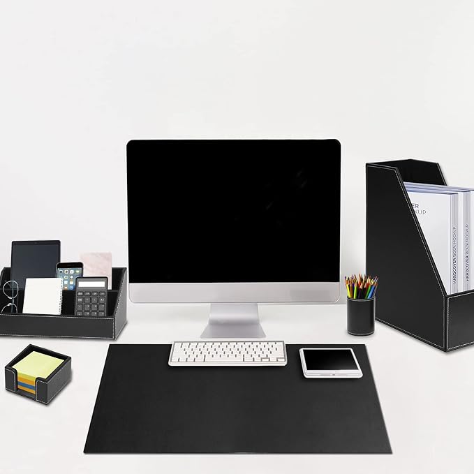 Office Supplies PU Leather 6-Piece Set Desk Organizer,Include Writing Pad,Letter Tray,file folder Sorter/Magazine Holder,Pen Cup,Note Holder,Business Card Holder,Man/Woman Office Gift,Black