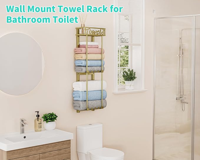 HapiRm Towel Rack Bathroom Storage - 3 Tier Over The Door & Wall Mounted Rolled Towel Racks Holder Organizer with Metal Shelf and 6 Hooks for Small Bathroom, Camper, Rv - Gold