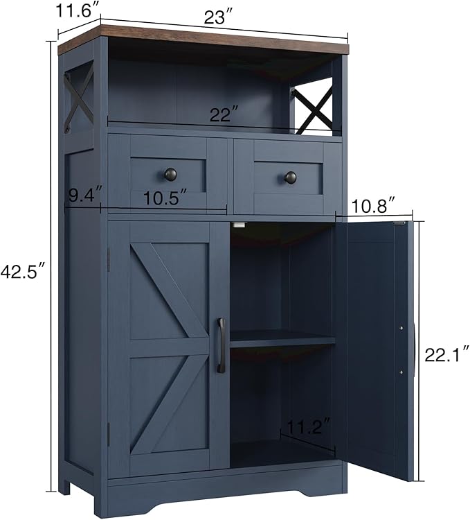 Farmhouse Storage Cabinet with Drawers, Small Kitchen Pantry Cabinet, Blue | Accent Coffee Bar Cabinet Cupboard, 2 Drawers, 2 Barn Doors & Adjustable Shelves, for Kitchen/Entryway/Living Room/Bathroom