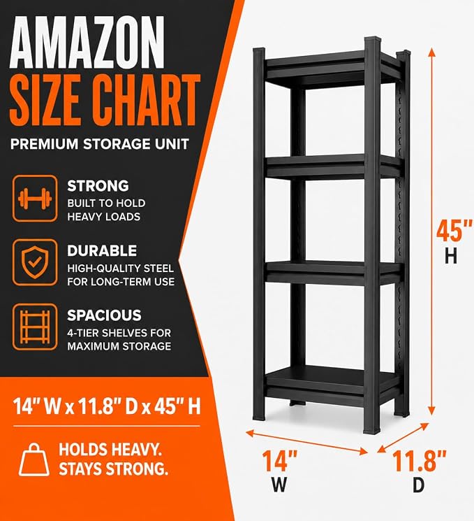 Garage Shelving, Heavy Duty Adjustable Boltless Metal Storage Shelves | 2400 LBS Industrial Steel Rack for Pantry Kitchen Basement Warehouse Storage, 14"Wx 11.8"Dx 45"H