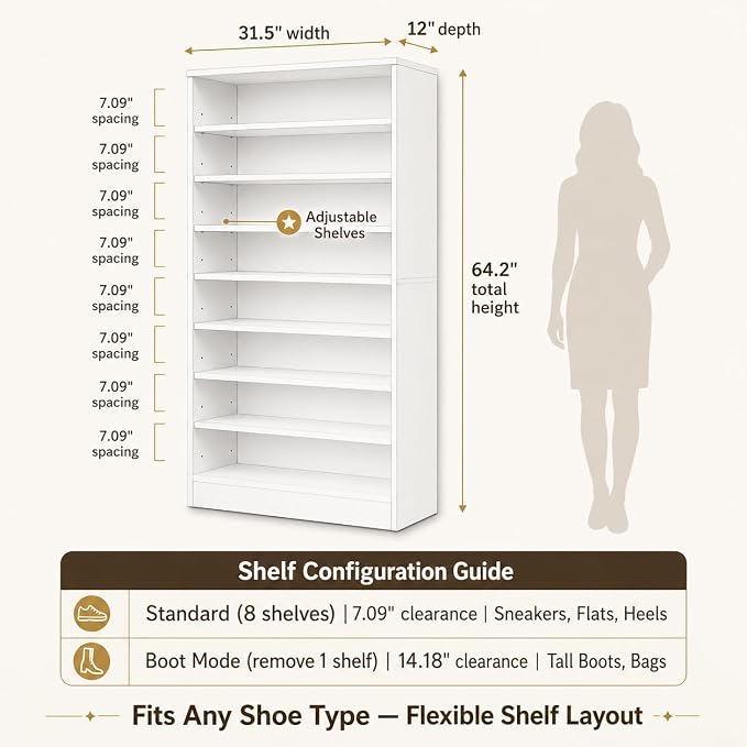 Tall Shoe Rack Cabinet for Closet & Entryway, 2 Pack, White | Wooden Narrow Shoe Organizer Cabinet with Adjustable Shelves, Freestanding, for Bedroom, Hallway