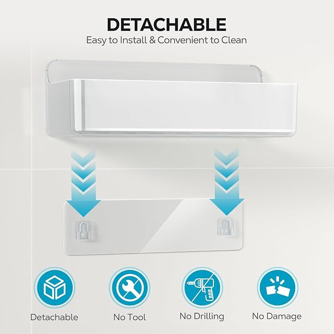 Nieifi Adhesive Shower Shelves, Clear, 2 Pieces | Rustproof ABS, Large Capacity, Removable Design, Easy-Clean, No Drilling Shower Organizer for Bathroom Storage & Home Decor