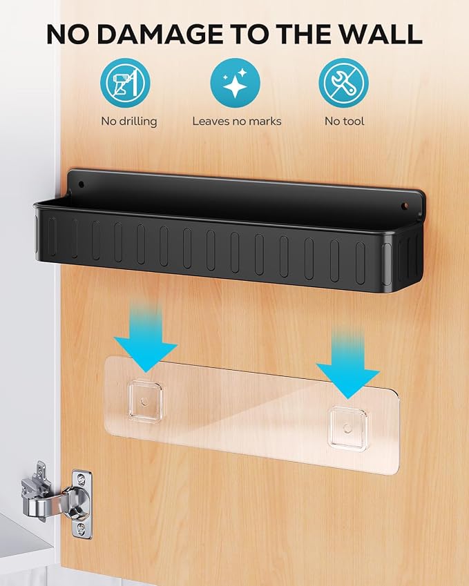 Nieifi Spice Rack Wall Mount, 4 Pack Black, 2" Depth, Screw/Adhesive | Wall-Mounted with Removable Hooks Saves Counter Space, Fits 2" Deep Jars, Ideal for Kitchen Cabinets, Pantry Doors, and RVs.