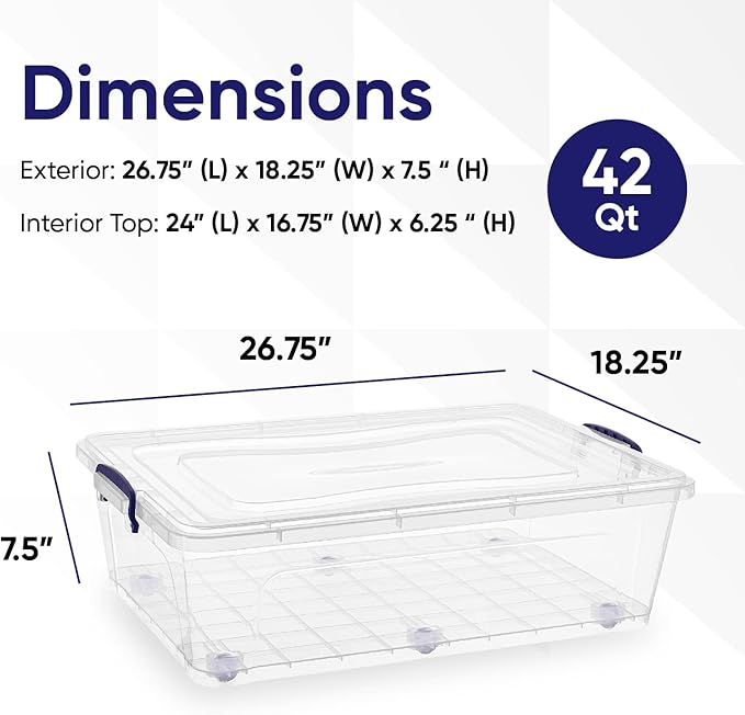 Superio Under Bed Storage Containers with Wheels (2 Pack), Flat Clear Storage Bin Stackable Large Storage Latch Box with Lids Store Cloths, Bedding, Linen, For Under The Bed, Garage, Home