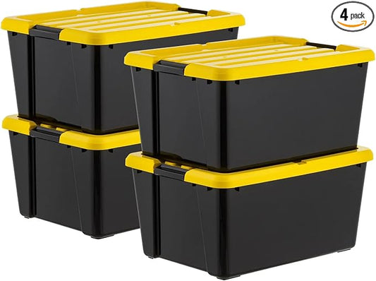 45 Qt Storage Bin 4-Pack, Stackable Plastic Container with Latching Lid | 45Qt Capacity, Secure Latching Lid, Stackable Design, Built-in Side Handles, Durable Plastic, Multi-Room Use