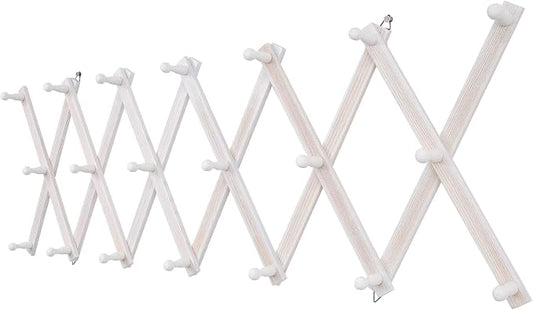 SCUNDA Accordion Wall Hanger with 20 Hooks, Wooden Wall Expandable Coat Rack for Coat, Hats, Baseball Caps, Coffee Mug, Jewelry(Ruist White)