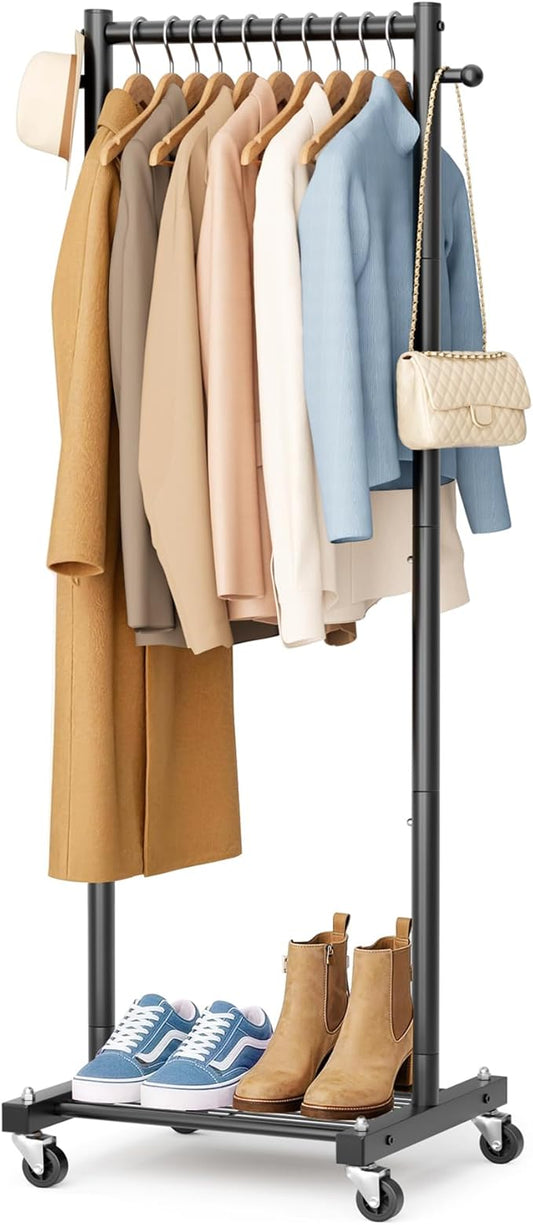 SLEEPING LAMB Small Clothes Racks for Hanging Clothes, Rolling Clothing Rack with Shelves, 60" Metal Garment Rack with Wheels Portable Wardrobe Rack for Small Space, Black