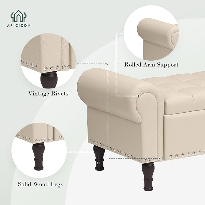 Apicizon 51” Bench with Storage, Faux Leather Ottoman Bench with Rolled Arm & Vintage Rivets, End of Bed Bench for Bedroom, Living Room, Entryway, Beige+Brown Legs