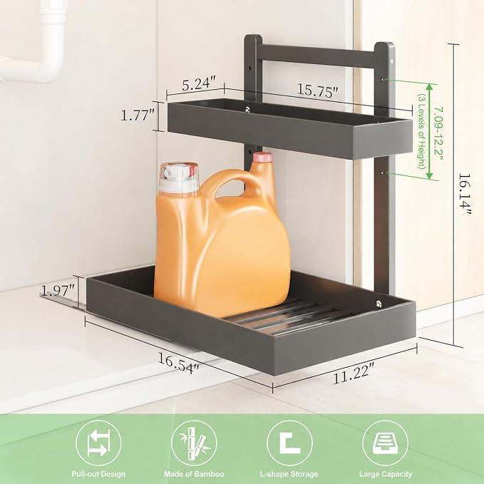 Bamboo Under Sink Organizer 2 Pack, 2-Tier Pull Out Cabinet Organizer | Kitchen Sink Organizer | Bathroom Cabinet Organizer | Cleaning Supply Storage | L-Shape | 3-Level Adjustable | Natural Bamboo