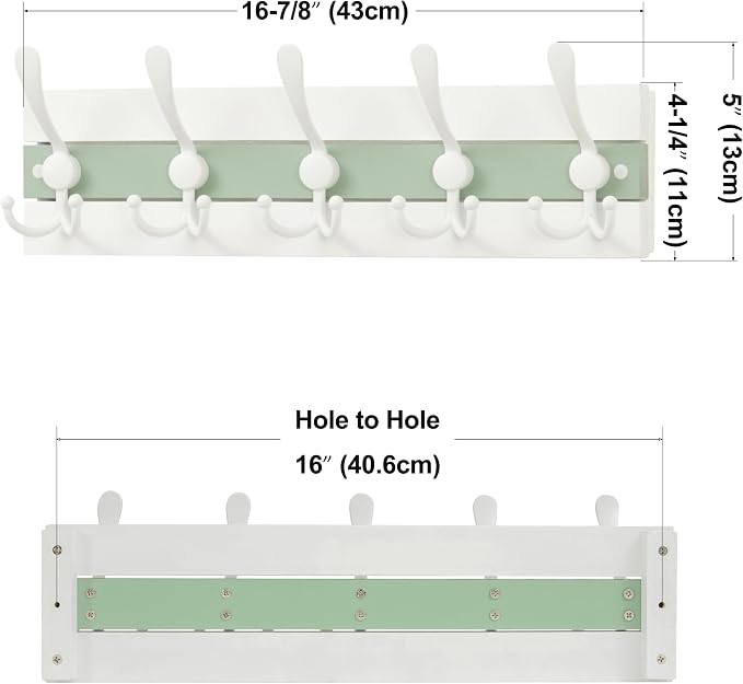 SKOLOO Coastal Wall Mounted Coat Rack - 16-7/8" Beach House Entryway Wooden Coat Hook with 5 Hooks for Hanging Coats, Hats or Towels, Oceanfront Cottage Core Collection, White & Green, Pack of 2