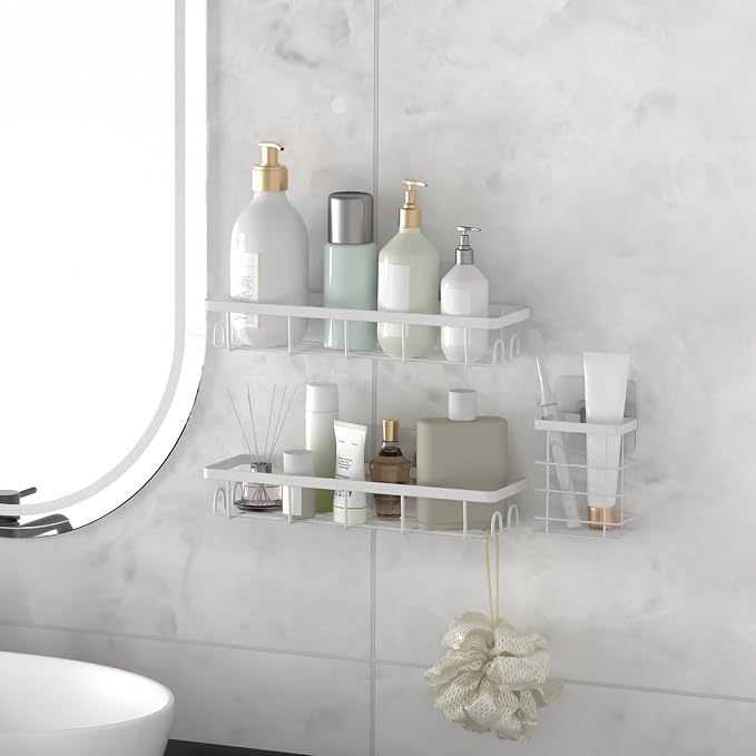 Shower Caddy Organizer with Hooks,Self Adhesive Bathroom Shelves,Shower Shelves,No Drilling Bathroom Organizers and Storage,Perfect for RV, Apartment, Home Decor,3 Pack White