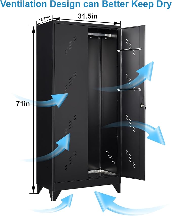71" Metal Storage Cabinet with Lock, Stainless Steel Bottom, Black | Garage Storage Cabinets with Hanging Rod & S-Hooks, Utility Broom Closet for Laundry Room, Home Office