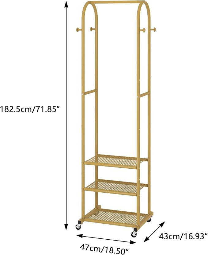 Kaitiemoo Clothing Rack, Mobile Garment Rack with Wheels & 3 Shelves, Gold | Heavy Duty Frame, Fits Small Spaces, 71.8 Inches Display Rack, Easy to install, Gold clothes rack