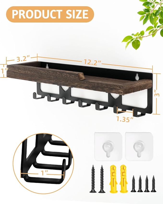 lucdnc Key Holder for Wall with Tray, 7 Hooks & Wood Shelf | Decorative Entryway Organizer for Mail, Keys, Sunglasses, Wall Mounted, Home Office
