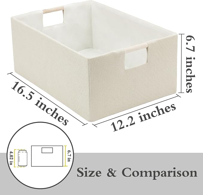 Foldable Fabric Storage Cubes, 2 Packs Cloth Storage Baskets with Wooden Handles, Collapsible Shelf Closet Organizer Bins, Rectangular Storage Boxes for Decor (Beige 2 Pack)