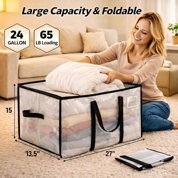 Comforter Storage Bags with Zipper and Handles (90L) - Extra Large Moving Bags 27" Heavy Duty, Waterproof Storage Bags for Moving, Foldable Storage Totes for Bedding, Blankets, Closet & College (4)