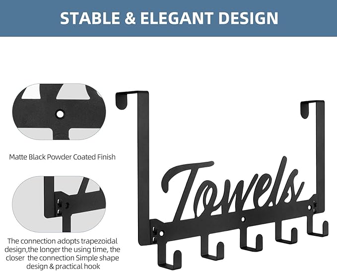 Azmoncy Over The Door Hooks, Towel Rack Towel Hooks for Bathroom, Towel Holder for Hanging Heavy Duty, Door Rack Over Door Hanger with 5 Coat Hooks for Bedroom Bathroom Kitchen, Black