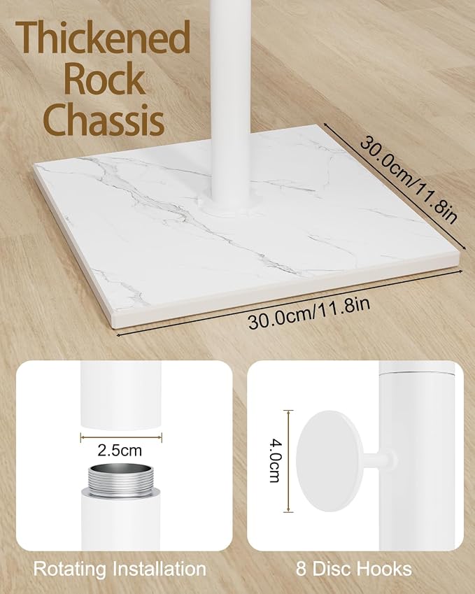 Coat Rack Freestanding, Clothing Rail with 8 Hooks, White | Small Standing Coat Hanger Stand with Heavy Rock Slab Base, Modern Metal Coat Tree with 8 Hooks for Bedroom, Office, Hallway