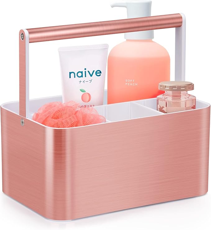 BYUNER Compact Shower Caddy Dorm - Portable Bathroom Caddy Organizer with Handle and Adjustable Divider for College Dorm & Shared Bathroom, Hard Plastic Shower Basket Tote for Toiletry Drainage, Pink