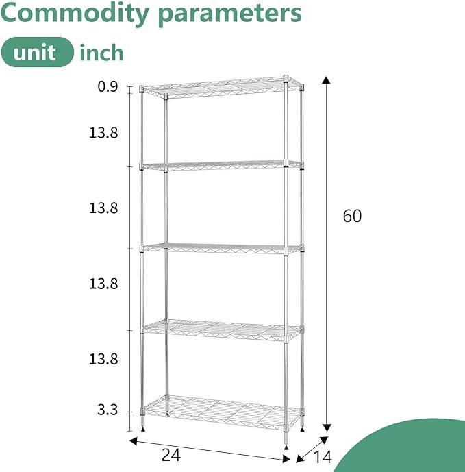 FDW | 5-Tier Wire Shelf | 24" x 14" x 60" | Chrome | Storage Shelves with Adjustable Racks, Holds upto 750 lbs | Rust-Resistant, No-Tool Assembly | For Home, Garage