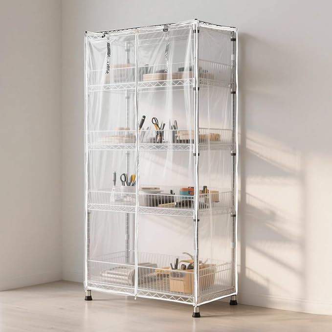 Waterproof Shelf Cover,Durable Dustproof Storage Wire Rack Covers,Outdoor Shelving Covers for Wire Shelves with Zipper 48''x18''x82'',Clear,Cover Only