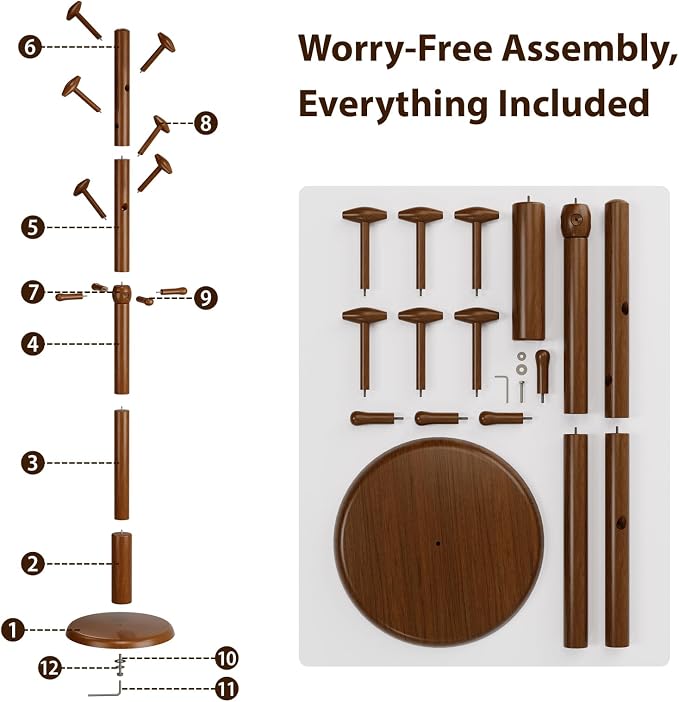 Taitiy Solid Wood Coat Rack Freestanding Coat Tree with 10 Hooks | for Bedroom, Livingroom, Entryway, Sturdy Coat Hanger Stand for Hats, Coats, Scarves, Handbags, Purses
