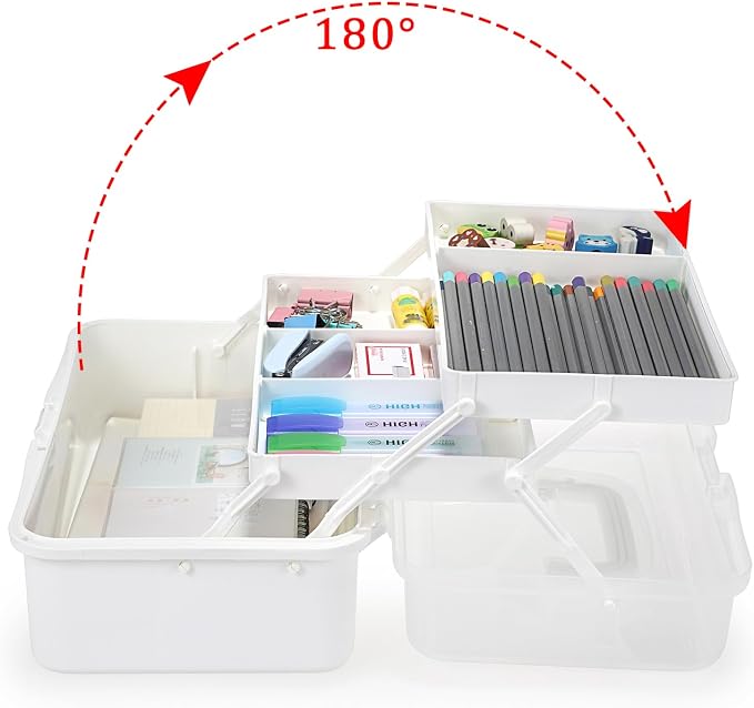 BTSKY 3-Layer Plastic Dividing Storage Box Craft Organizer and Storage | Portable Handled Art Supply Organizer with Adjustable Spacers Multipurpose Home Utility Box for Medicine Sewing(Beige White)