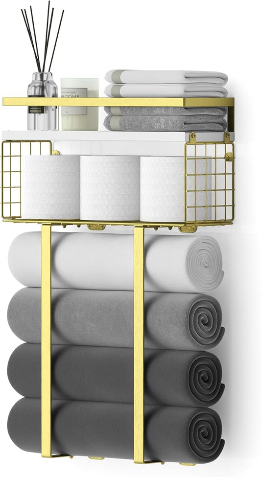 Towel Racks for Bathroom, Bathroom Shelf Over Toilet,Floating Shelves with Towel Rack Paper Holder Storage Basket,Floating Shelves for Wall Decor,Gold