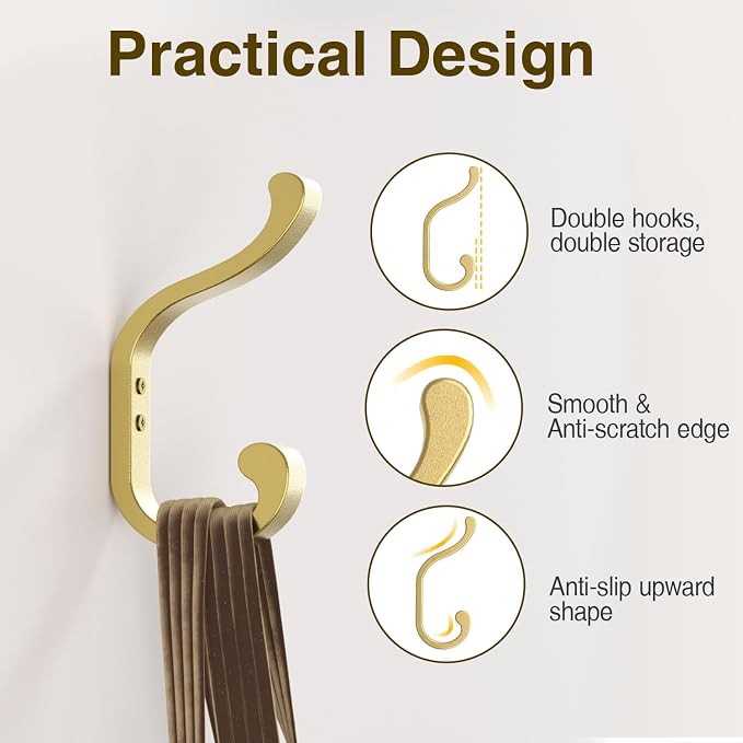 bussdis Large Wall Hooks for Hanging Coats: Heavy Duty Wall-Mount Hanger (Hold 30 LB), Mudroom Hooks for Clothes, Backpack, Purse, Bathroom Towel (Gold, 4 Pack)
