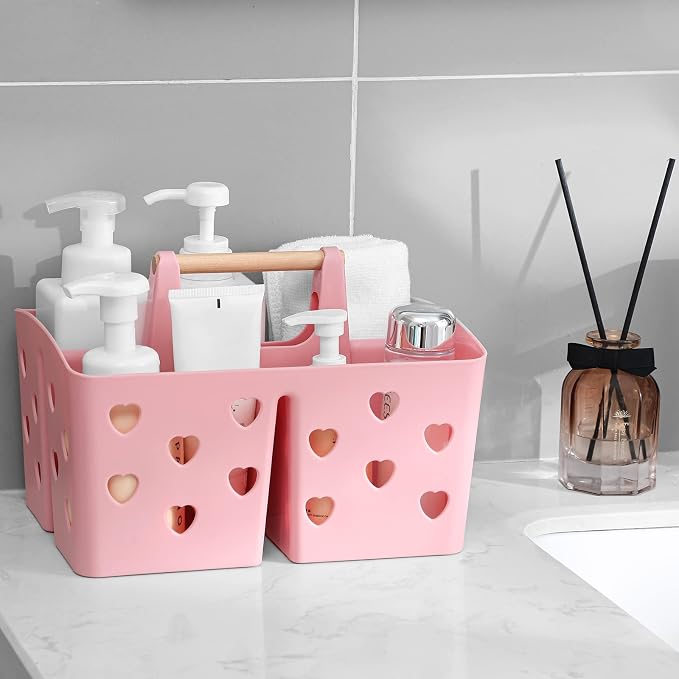 Portable Shower Caddy Plastic Shower Basket Organizer with Handle, Pink | Divided Bathroom Caddy Storage Cleanning Caddy Tote for College, Dorm Room, Kitchen