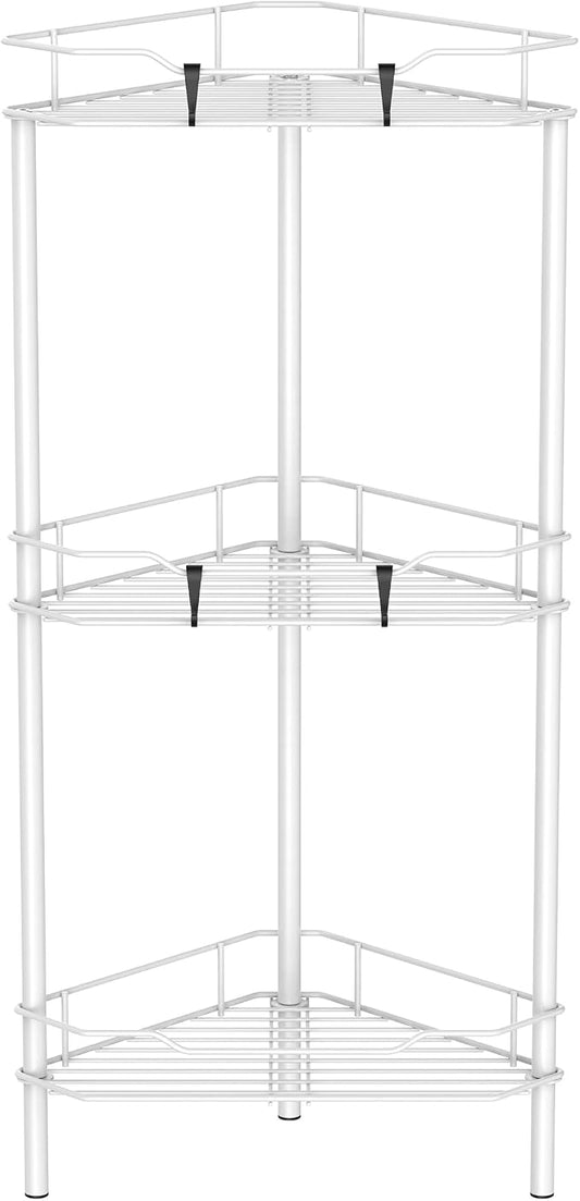 HuggieGems 3 Tier Floor Standing Corner Shower Caddy Organizer Shelf with Hooks, Bathroom Shelves Stand Rack, White