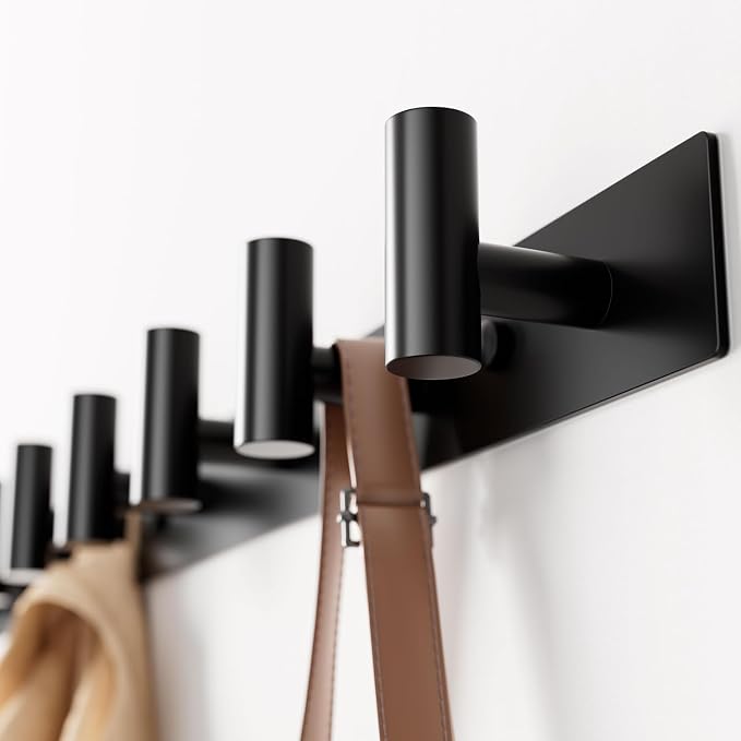 Black Wall Mounted Coat Rack – 5 T-Shaped Hooks on 16.5" Rail, (1 Pack) | for Hanging Hats, Bags & Towels, Heavy-Duty Metal Hooks for Entryway, Bathroom, Closet, Bedroom