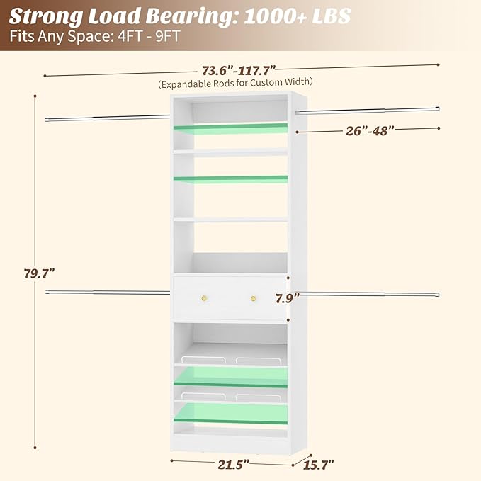 Wood Closet Organizer System - 4FT-9FT Expandable Wardrobe Closet with Drawer & 4 Hanging Rods, Heavy Duty Walk-in Closet 1000Lbs for Bedroom Walk-in Closet, White