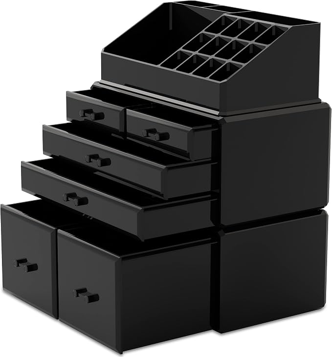 READAEER Makeup Organizer 3 Pieces Cosmetic Storage Case with 6 Drawers (Black)