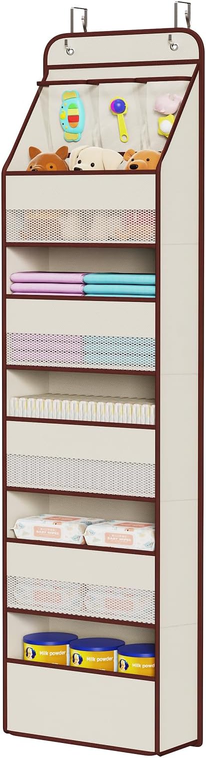 Univivi Fabric Over Door Hanging Organizer for Baby Nursery, Beige, 6-Shelf | Door Storage with Large Capacity Breathable Mesh Pockets, Over the Door Organizer for Baby Essential, Bedroom and Dorm
