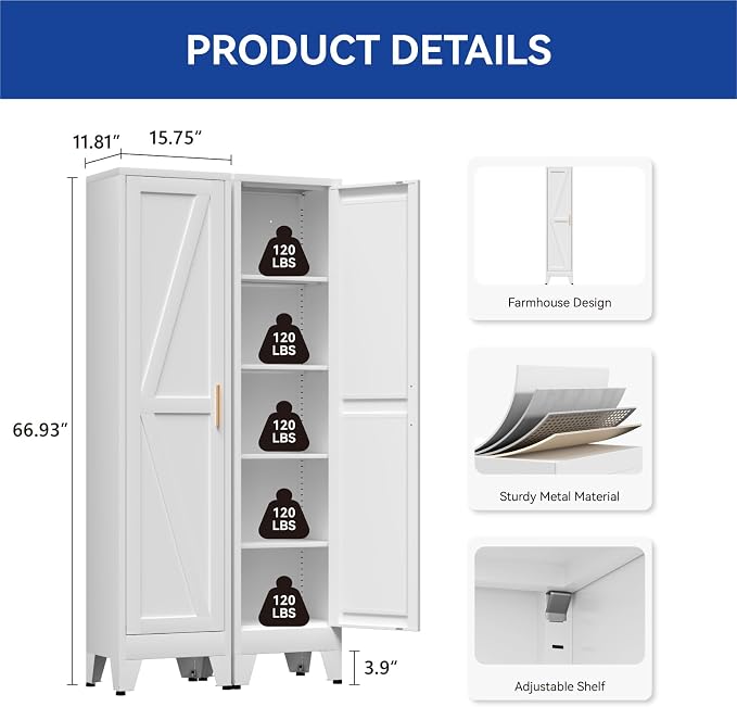 COFaR 67'' Tall Narrow Bathroom Storage Cabinet, Metal Farmhouse Skinny Pantry Cabinet with 4 Adjustable Shelves and One Door, Slim Cabinet Storage for Kitchen Laundry Garage, 5-Tier White