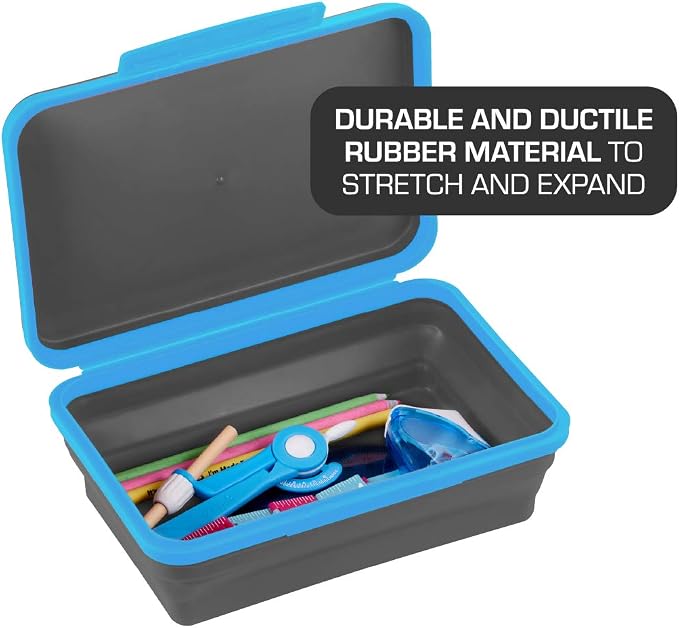 It's Academic Flexi Storage Box with Lid, Collapsible Pencil Case Design for Craft and School Supplies, Blue/Black