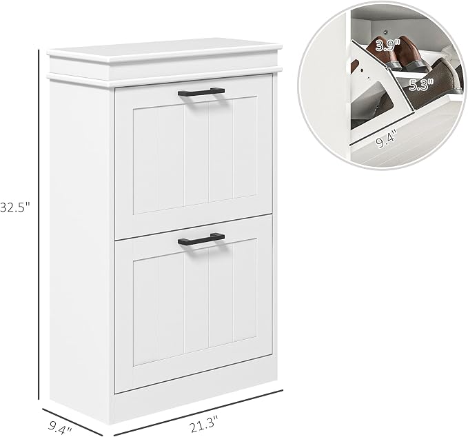 HOMCOM Narrow Shoe Cabinet with 2 Flip Drawers, Modern, for Entryway, White | Freestanding Small Shoe Storage Cabinet, Adjustable Shelves, Hallway