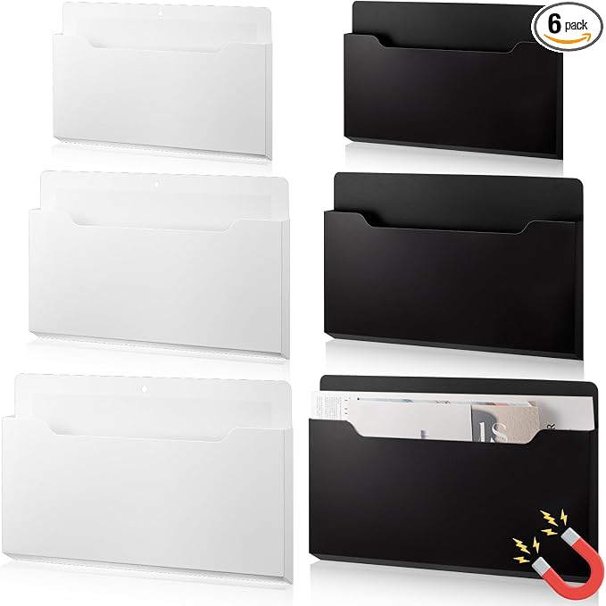 6 Pcs Magnetic Wall File Organizer Magnetic Wall File Holder Refrigerator Magazine Holder for Mail Letters Paper(Black, White,Horizontal-3 Mixed Size)