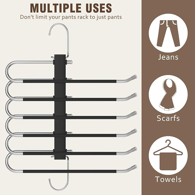 HUITEM 4 Pack 6-Tier Space Saving Pant Hangers, Anti-Slip, Lightweight, Stainless Steel, Black, 6 Pairs Jeans Hangers