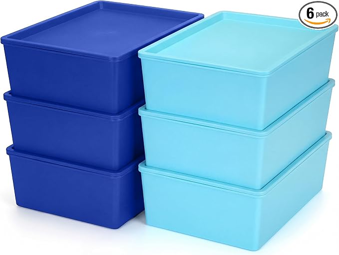 6 Pcs Large Plastic Storage Bins with Lids 14.4 x 10.4 x 5.1 Inch Stackable Storage Containers Decorative Cubby Organizer for Clothes Shelves Garage Closet Office (Blue Series)