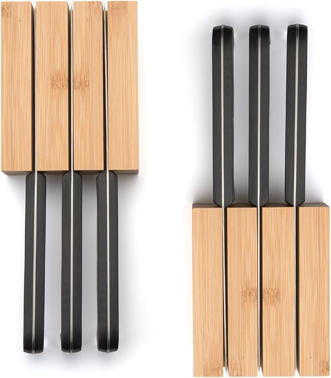 Purawood Premium Bamboo Knife Block Inserts – 2 Pack – Compatible Expandable Drawer Organizer & Utensil Organizer, Cutlery Tray with Dividers for Kitchen Utensils & Flatware (Natural)…