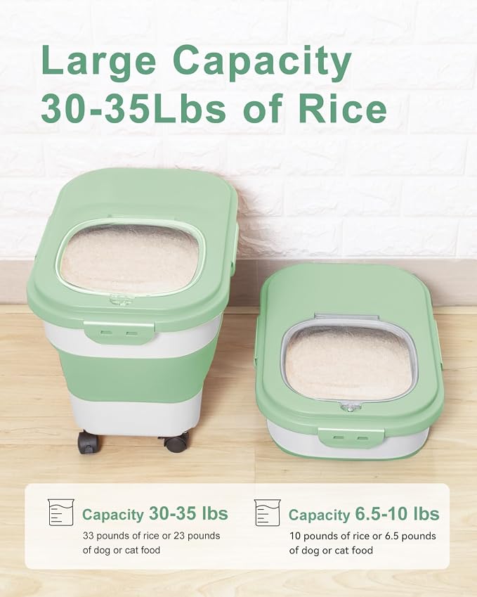 20-30 Lbs Rice Storage Container,Collapsible Food Storage Container | Flour Storage Container with Wheels Airtight Locking Lid,Cat Food Container Double Seal,Keep Fresh for Pet Food,Rice,Flour