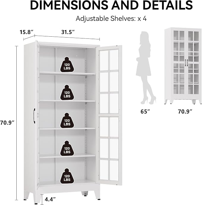 COFaR 71" White Glass Door Display Cabinet for Kitchen and Dining Room | 5-tier pantry and display cabinet with glass doors and 4 adjustable shelves for kitchen, dining room, living room or office.