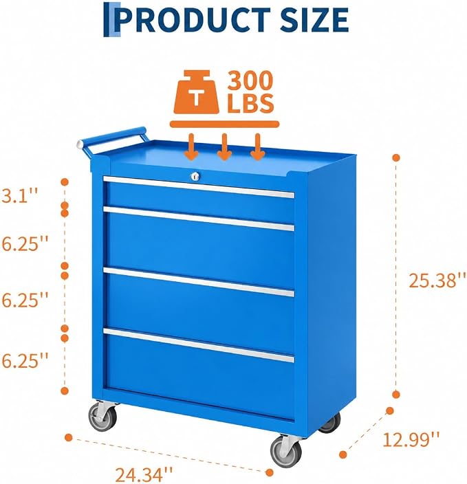Garvee Rolling Tool Chest, 4 Drawers Tool Storage Cabinet, Toolbox with Wheels, Portable Tool Cabinet Organizer with Locking System & Drawer Liners, Tool Storage Cart for Garage, Workshop, Blue