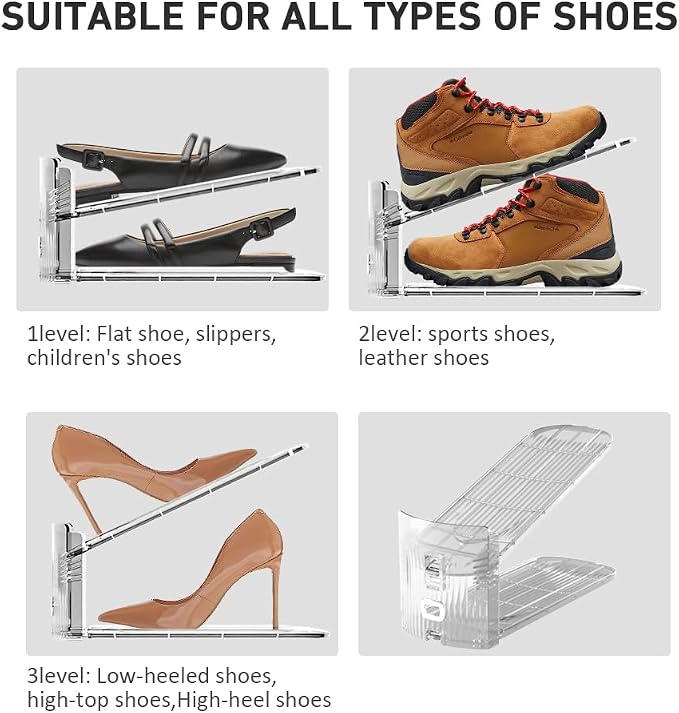 NVGSN 12Pack Clear Shoe Slot Organizer,Shoe Stacker,Storage Space Saver 50% | 3 Levels Adjustable Height 3.7''-7.7''shoe Organizer for Closet,Easy to Assemble shoe Rack Holder,Organizador de Zapatos