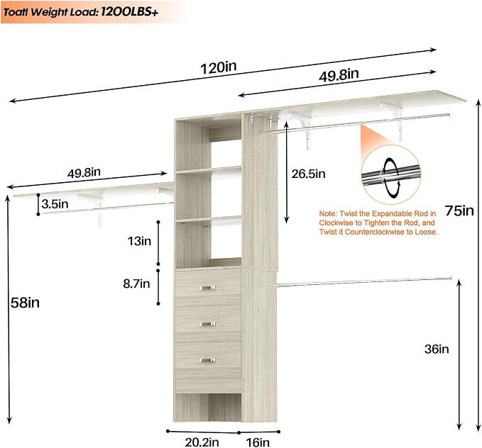 120 Inches Closet System, 10FT Walk In Closet Organizer with 2 Shelving Towers, Heavy Duty Clothes Rack with 3 Drawers, Built-In Garment Rack, 120" L x 16" W x 75" H, Load 1300 LBS, White Oak